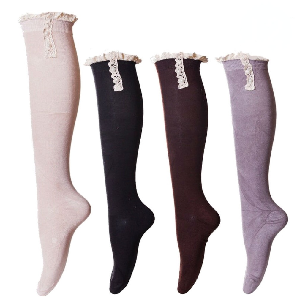 Pearl Accent Lace Top Solid Knee High Socks